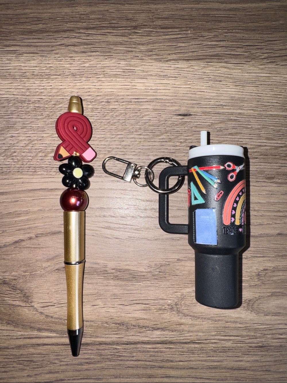 Colorful Teacher Drink Keychain and Gold Decorative Pen